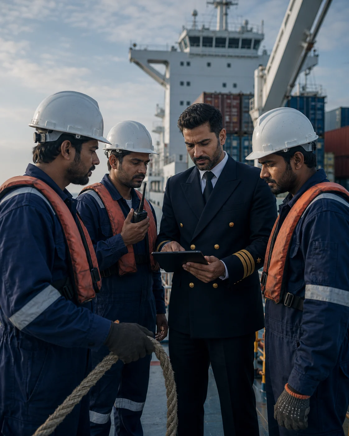 Ship officer and crew reviewing operations on deck
